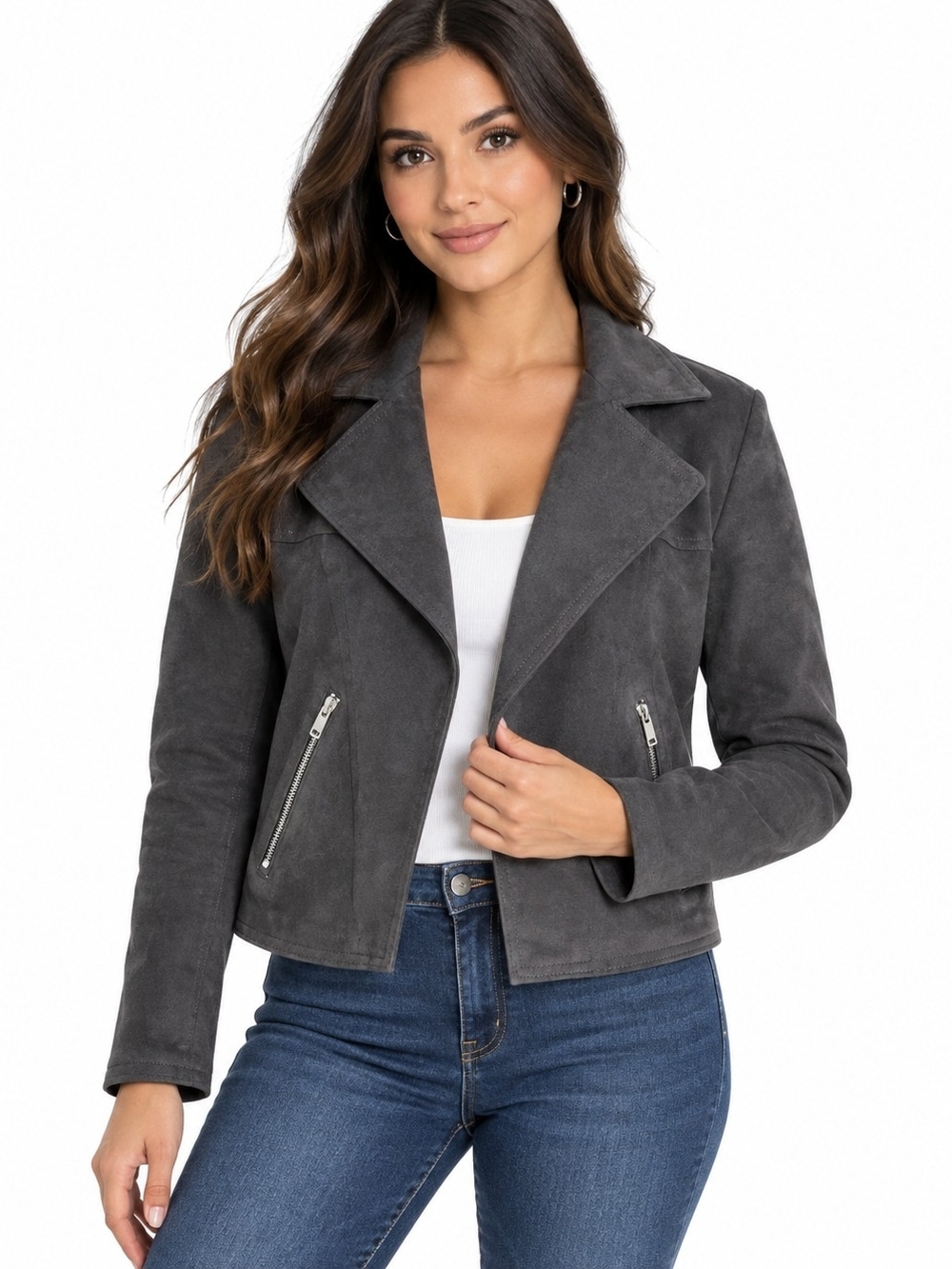 Tahari Charcoal Gray Suede Moto Jacket